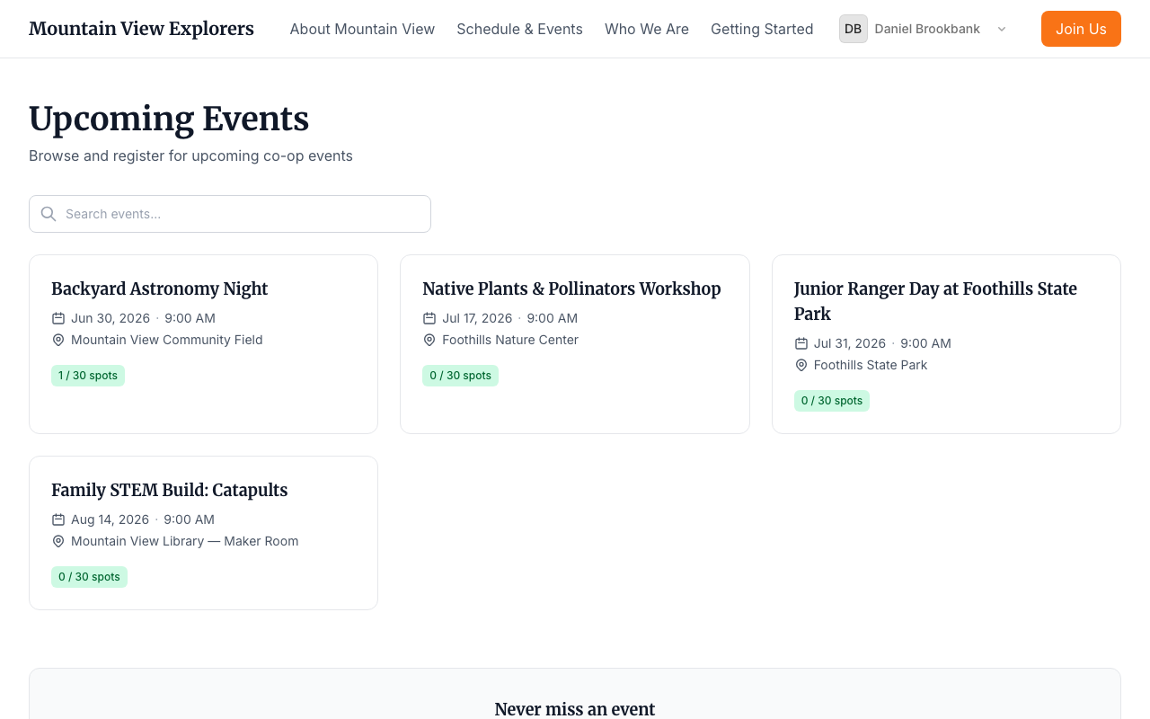 Member-facing Events page — desktop view