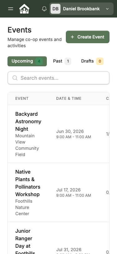 Admin Events list — mobile view