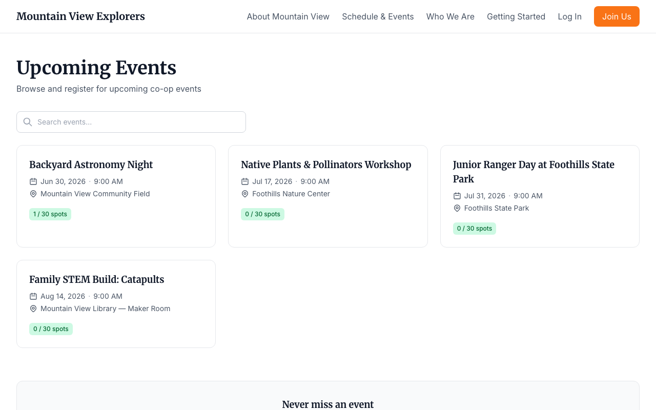 Upcoming Events list — desktop view
