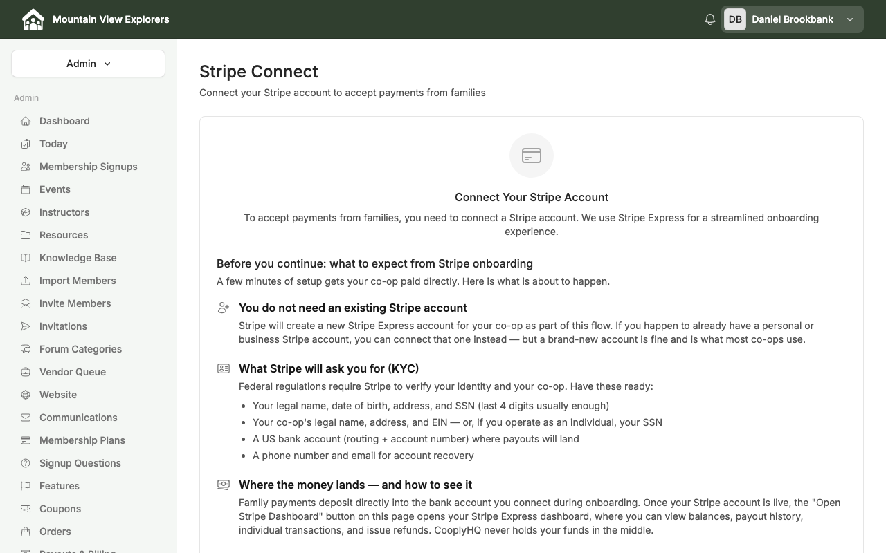The Stripe Connect page in the CooplyHQ admin panel, showing the onboarding explainer and the Start Stripe Onboarding button