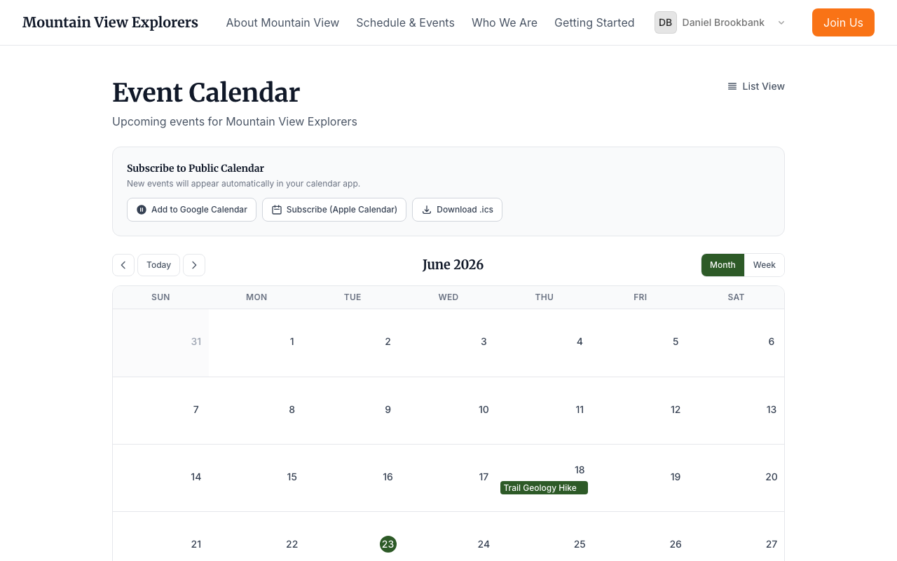 Public Event Calendar — month view, desktop