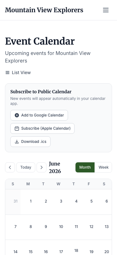 Public Event Calendar — mobile view