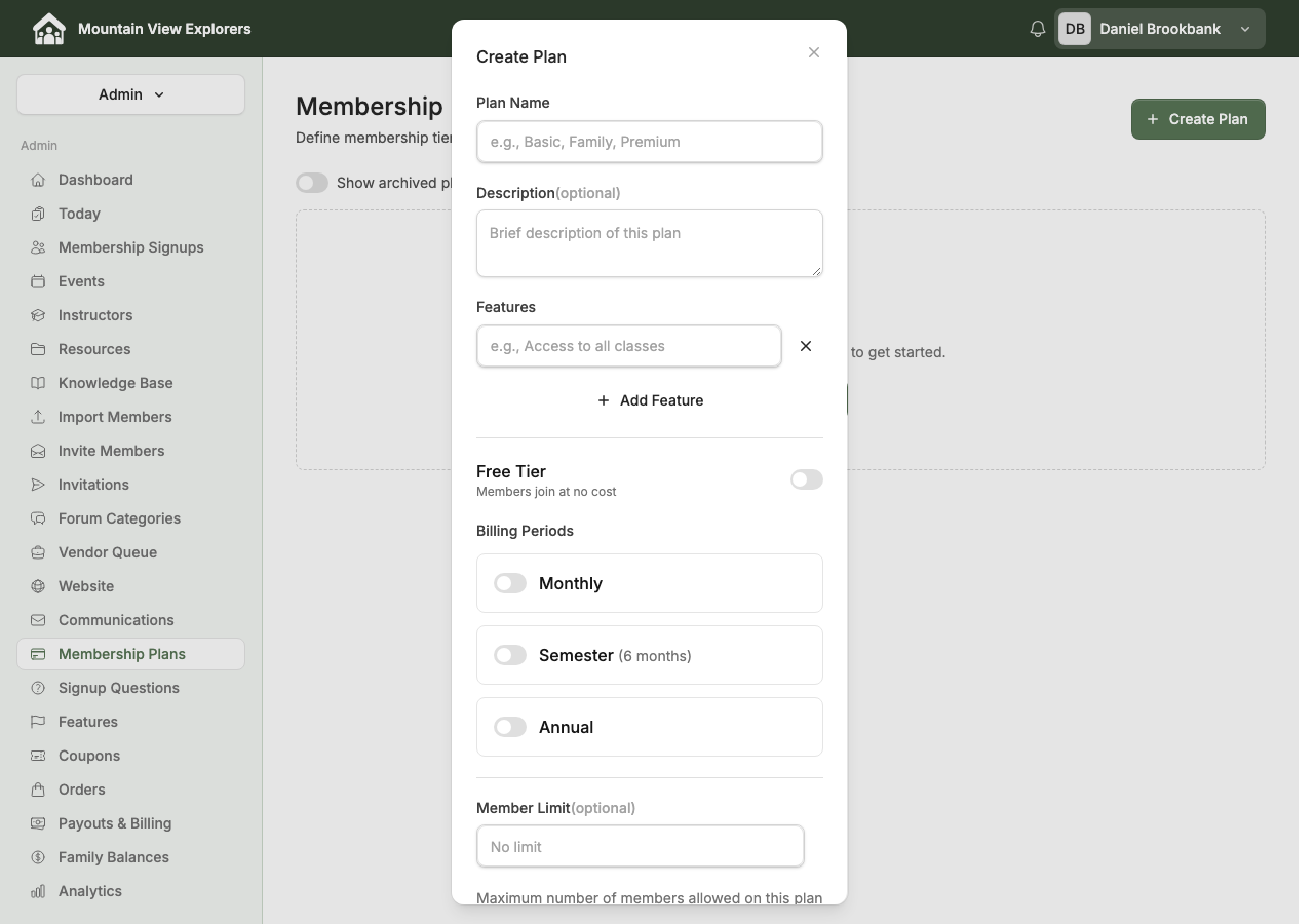 Create Plan modal with fields for name, description, features, and billing