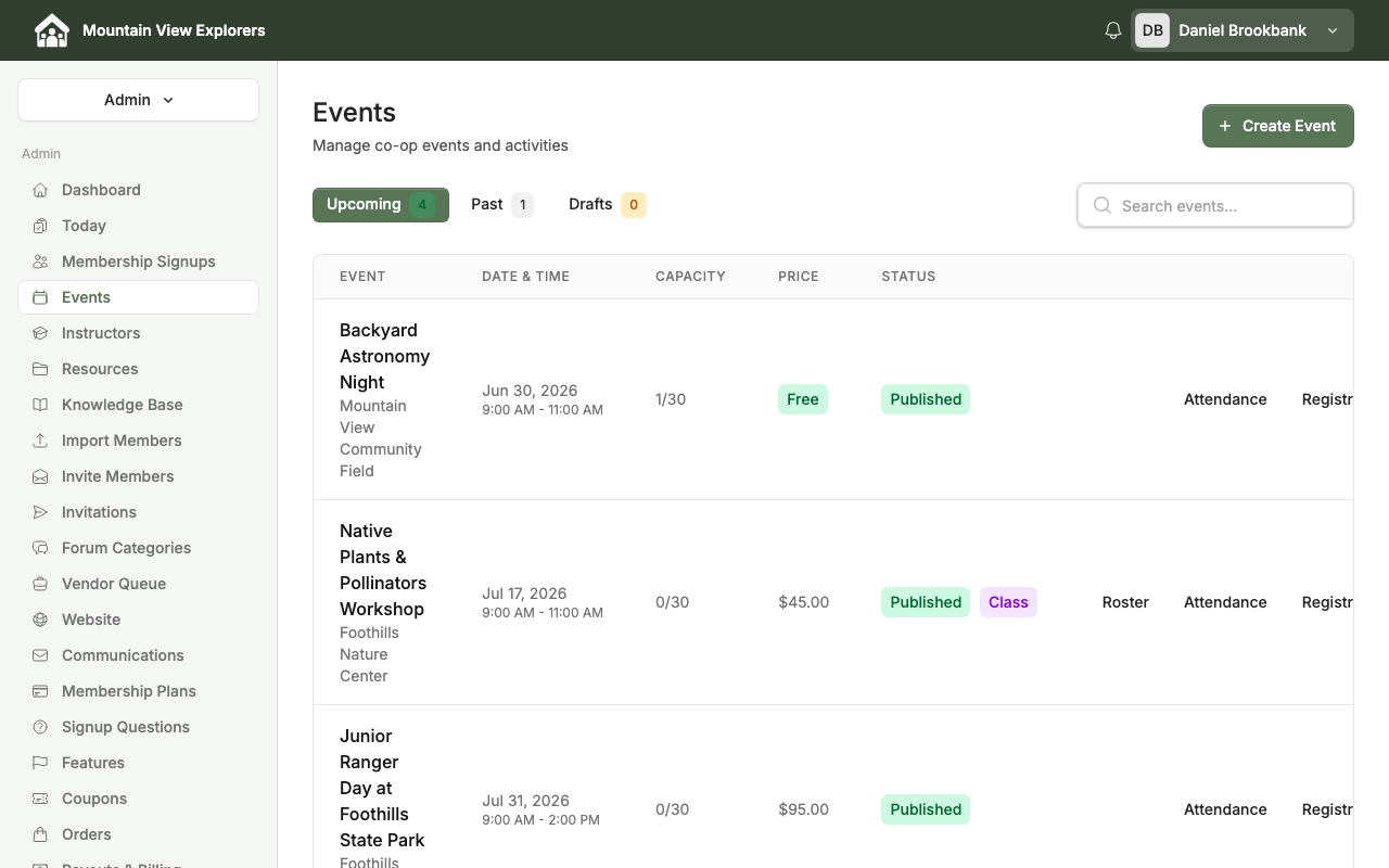 Admin Events list — desktop view