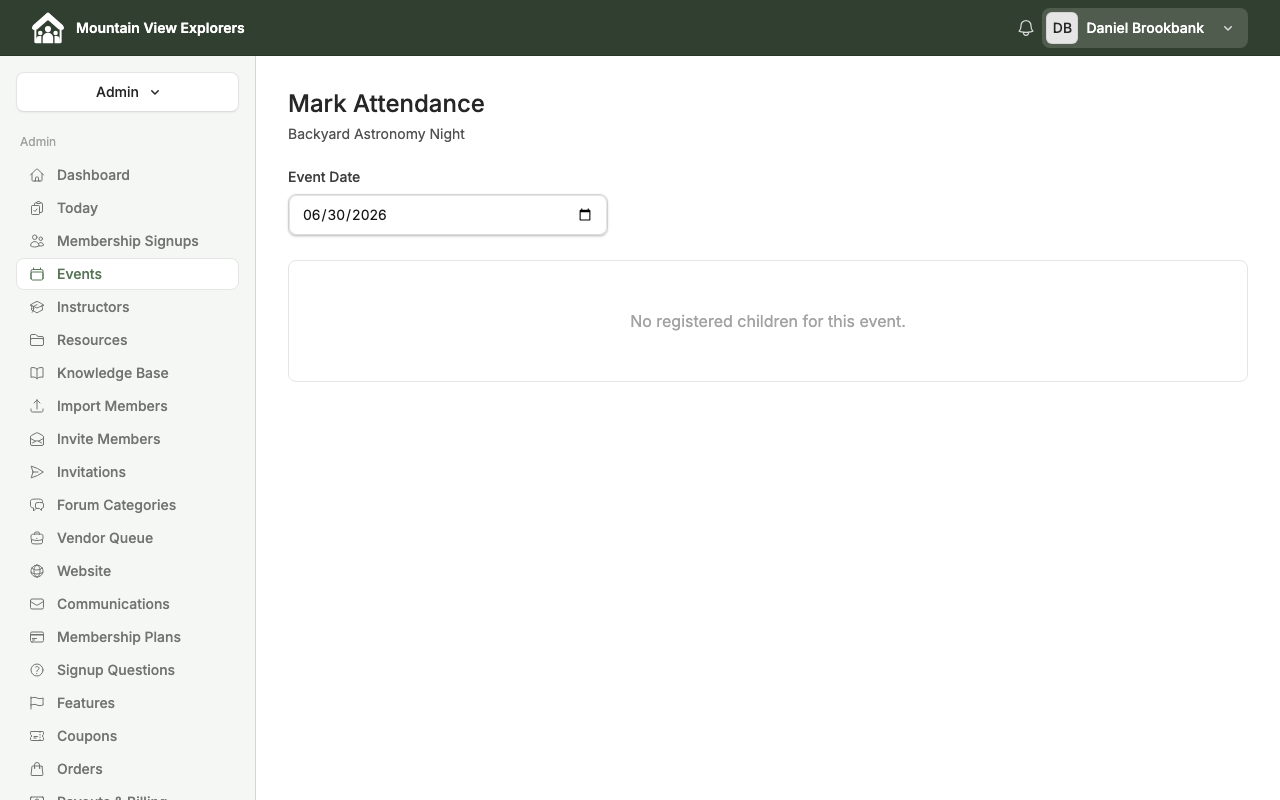 Attendance check-in view — desktop