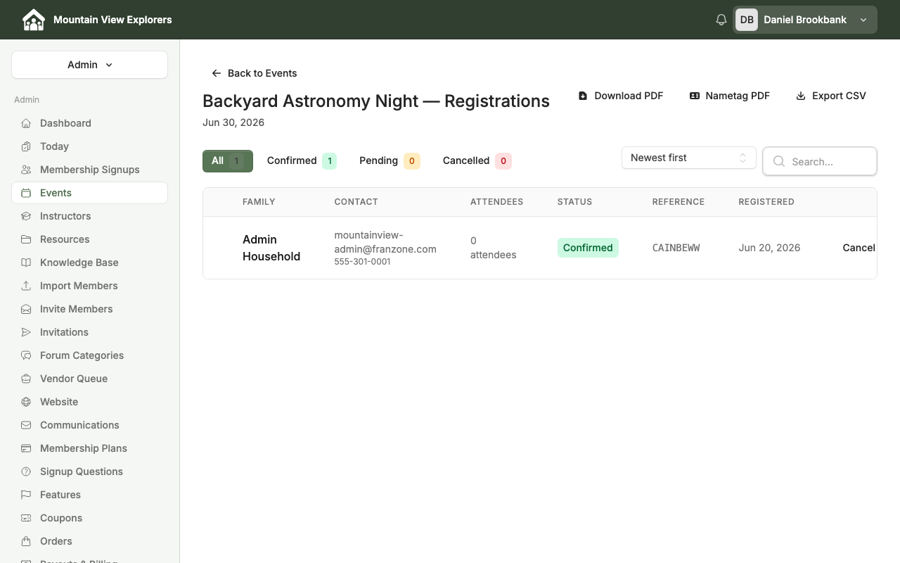 Event Registrations tab — desktop view