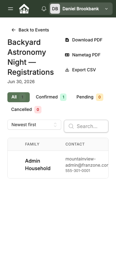 Event Registrations tab — mobile view