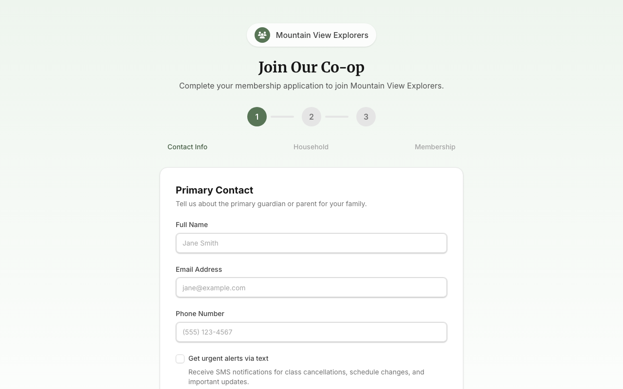 Family join form — Step 1: Contact Info