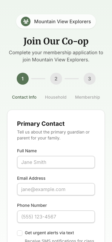 Family membership application — mobile view
