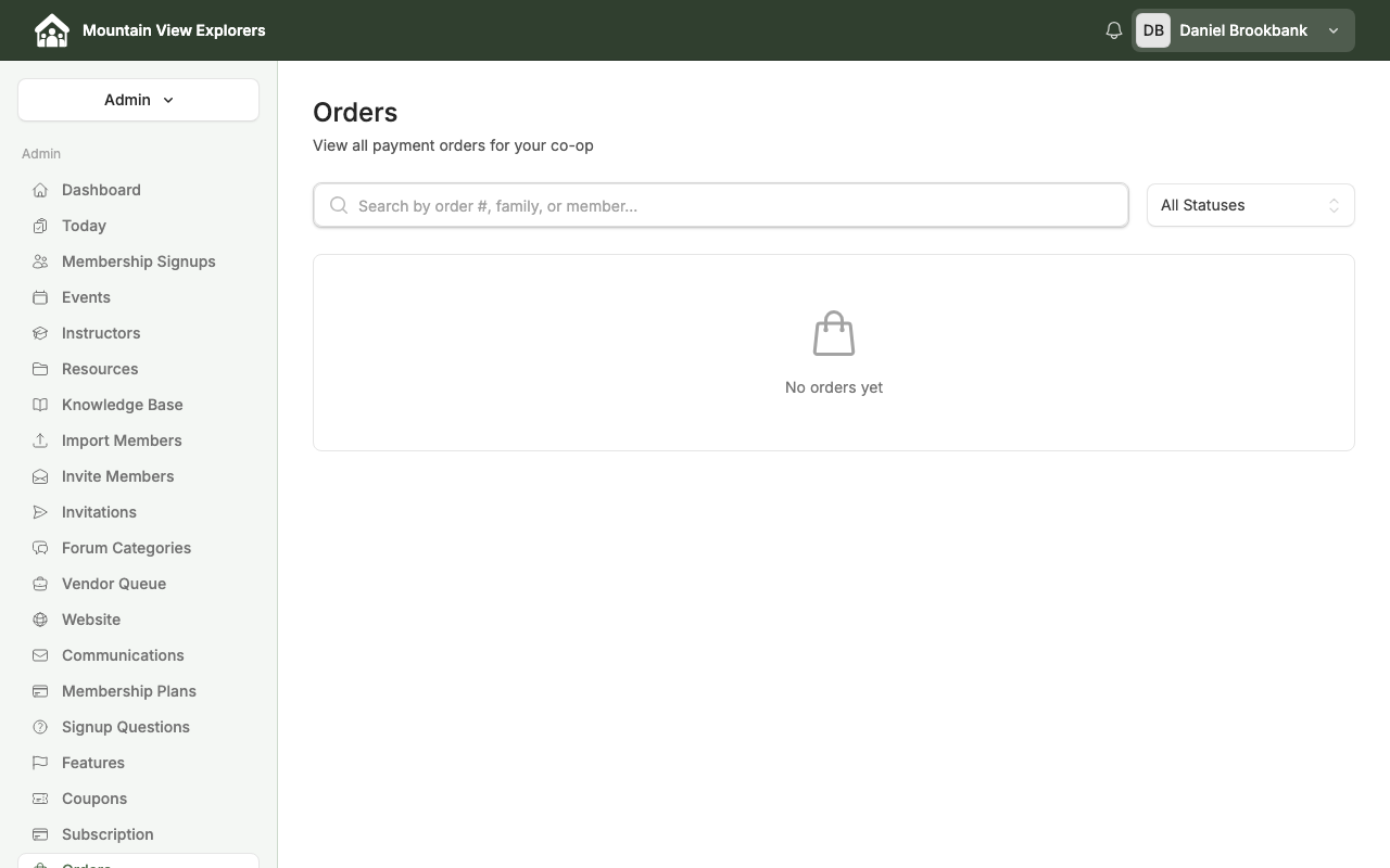 Orders page showing empty state — desktop view