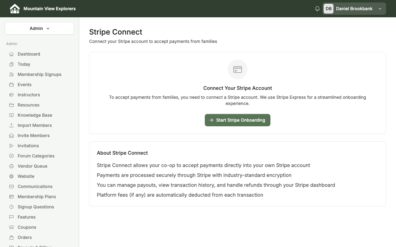 The Stripe Connect settings page in the CooplyHQ admin panel, showing a "Start Stripe Onboarding" button