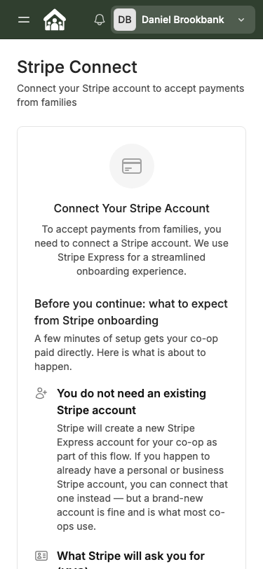 The Stripe Connect page on mobile