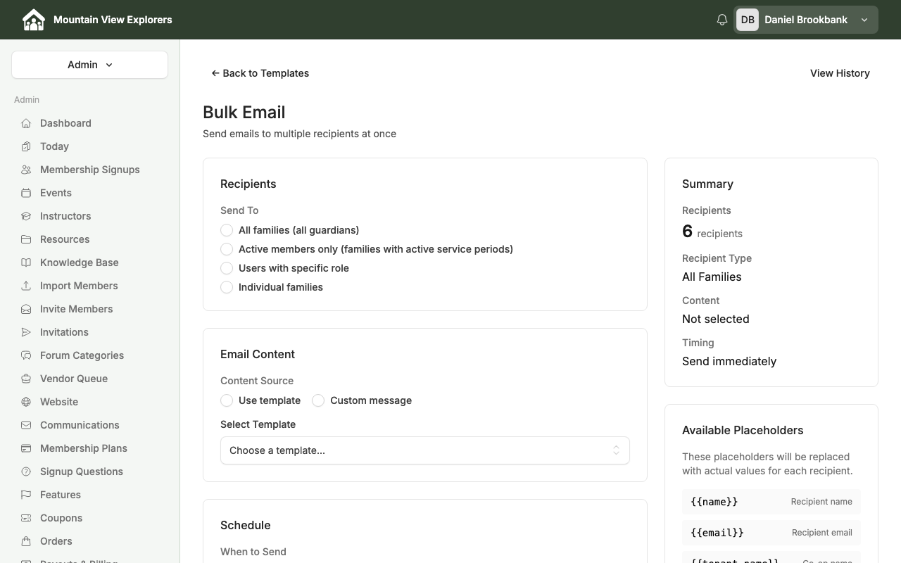 Bulk Email compose page with recipient options and live summary