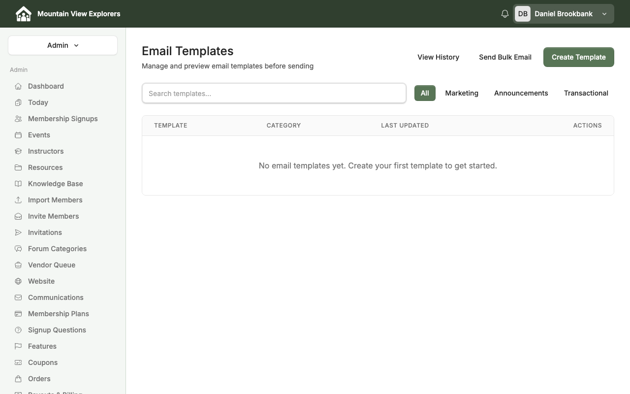 Email Templates page showing the Send Bulk Email button