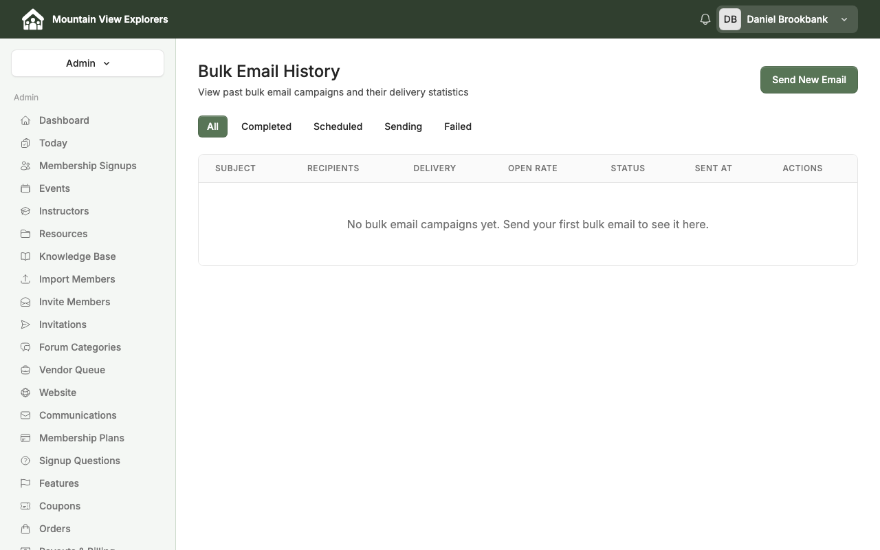 Bulk Email History page showing campaign status tabs and statistics