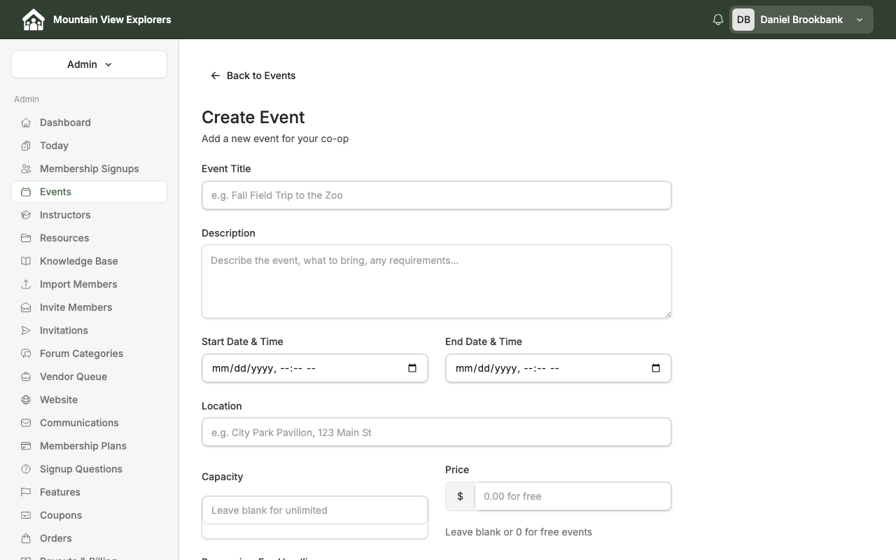 Create Event form — desktop view