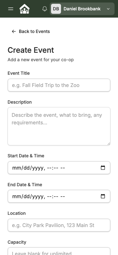 Create Event form — mobile view