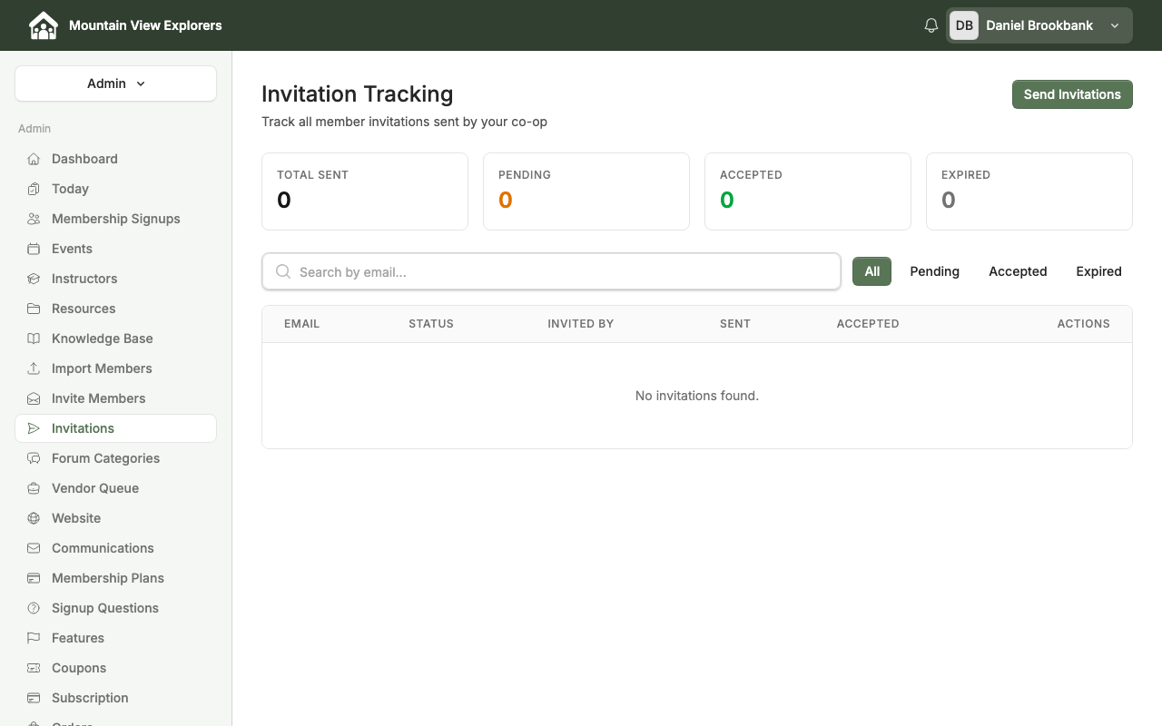 Invitation Tracking page — desktop view