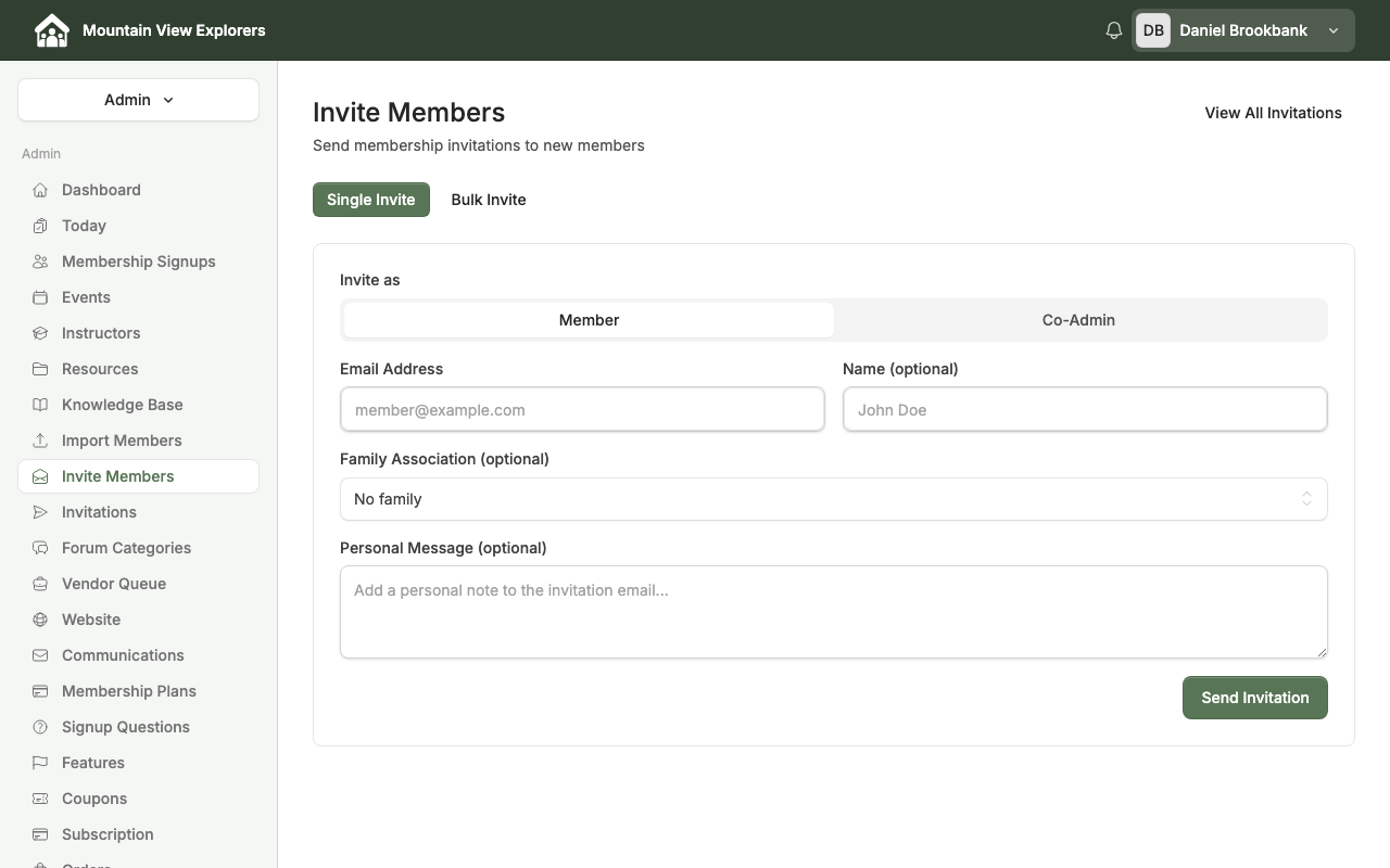 Invite Members form — desktop view