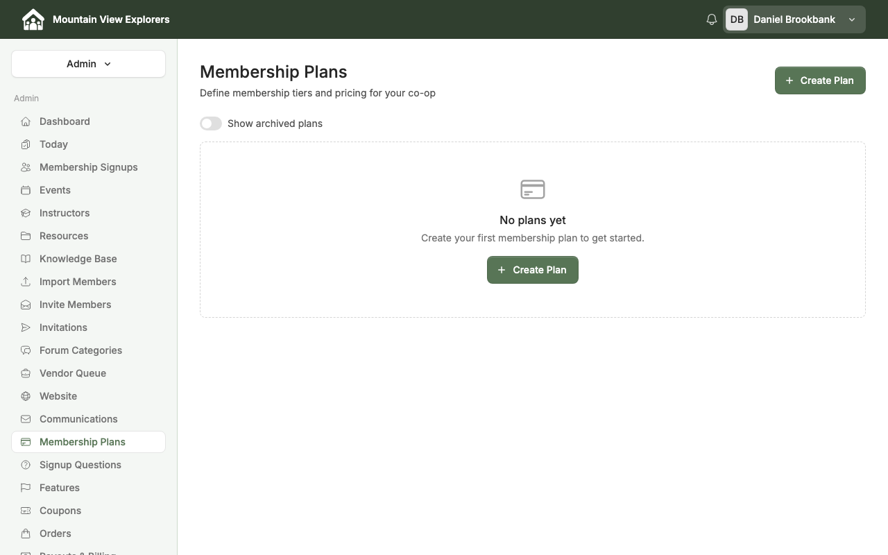 Admin Membership Plans page — empty state
