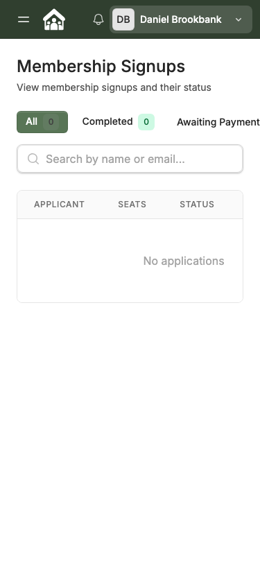 Membership Signups page — mobile view