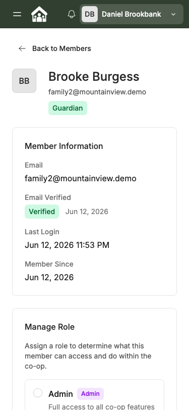Member detail page — mobile view