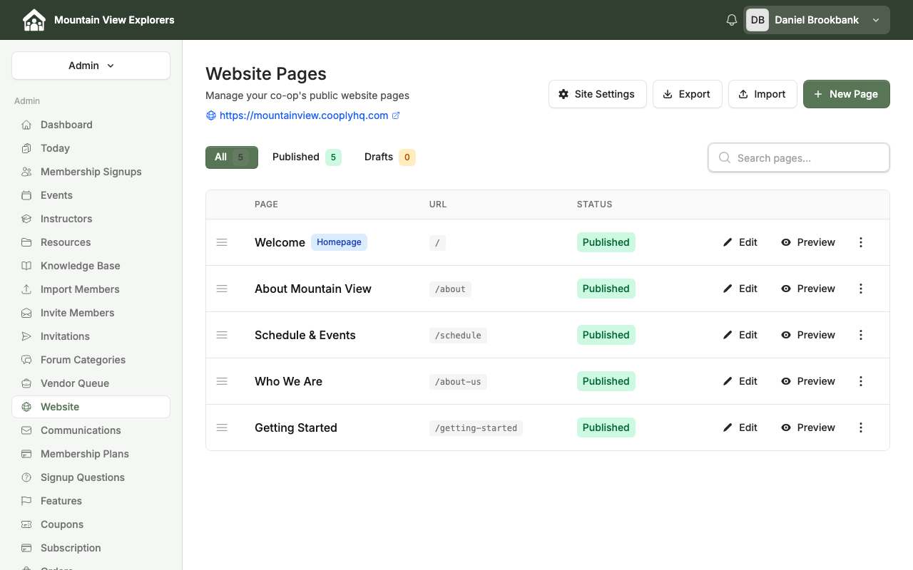 Website Pages list with the Site Settings button highlighted in the top right — desktop view