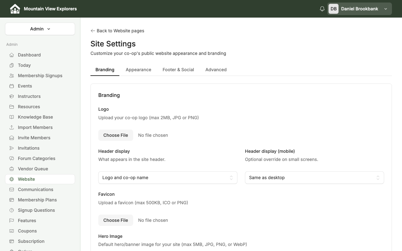 Site Settings — Branding tab, desktop view