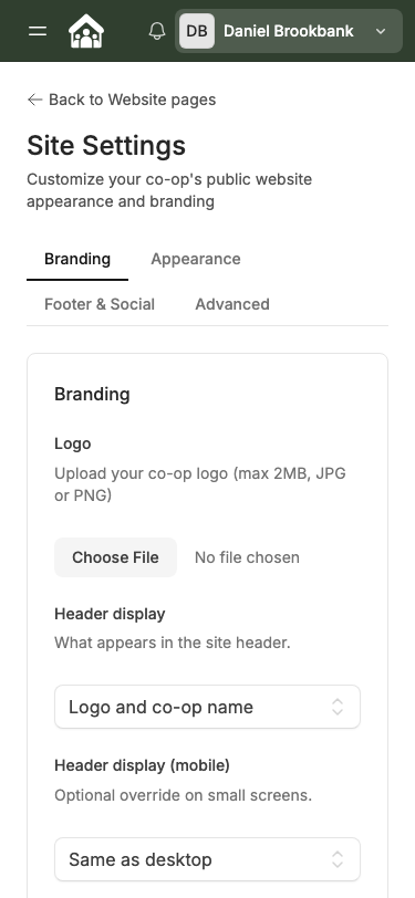 Site Settings — Branding tab, mobile view