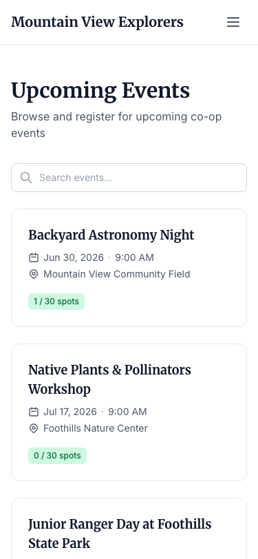 Member-facing Events page — mobile view