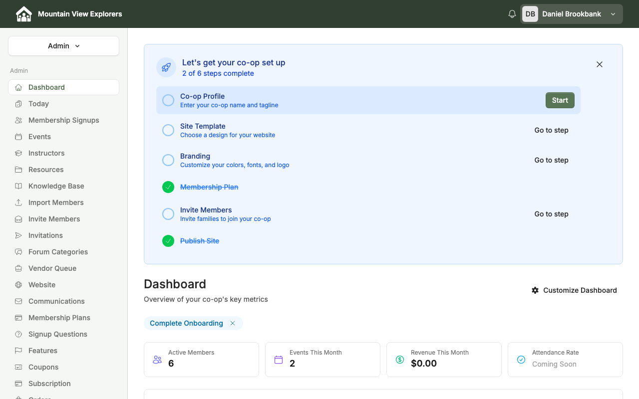 Admin dashboard showing the setup checklist with Co-op Profile and a Start button — desktop view