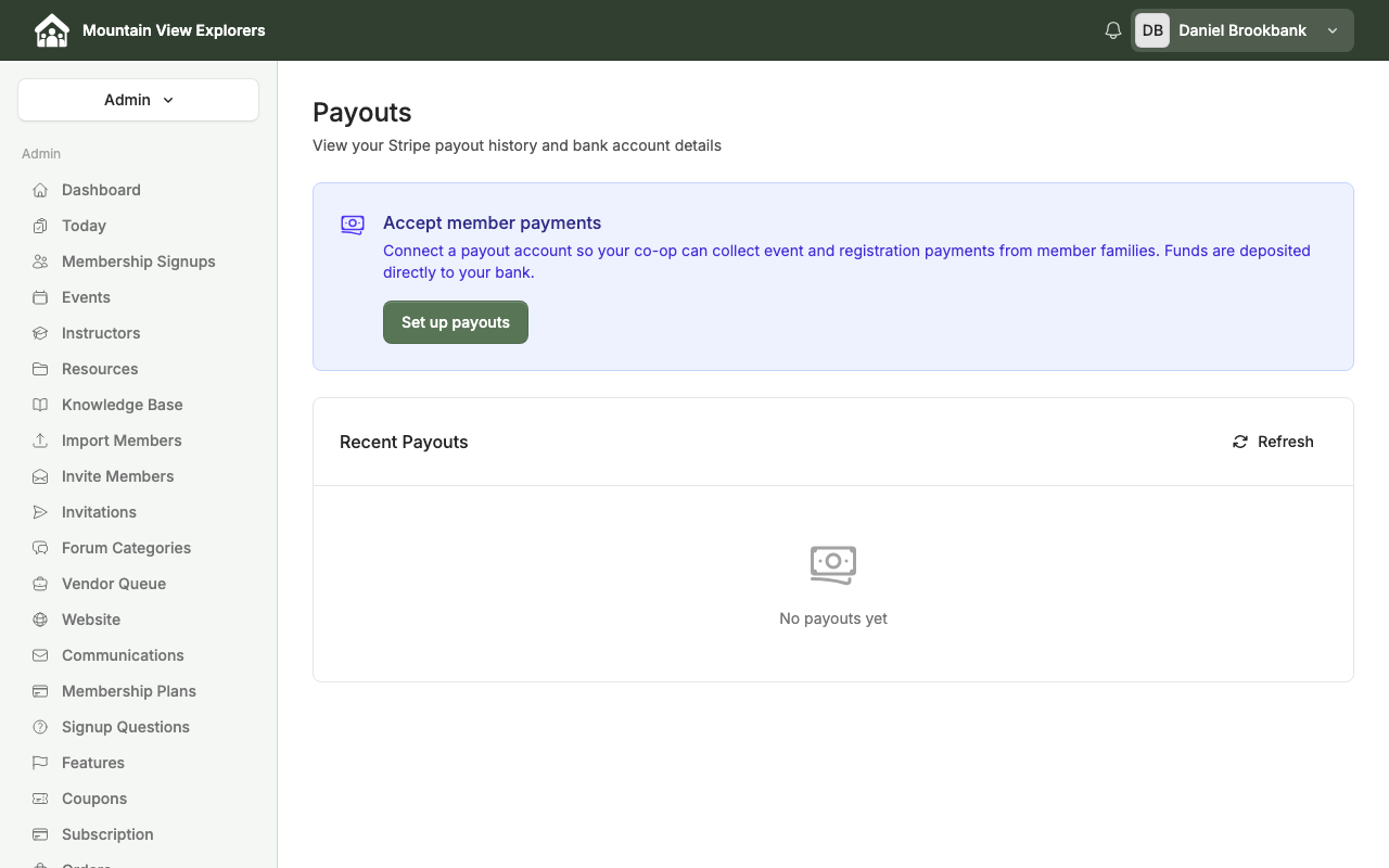Payouts page with the Set up payouts prompt — desktop view