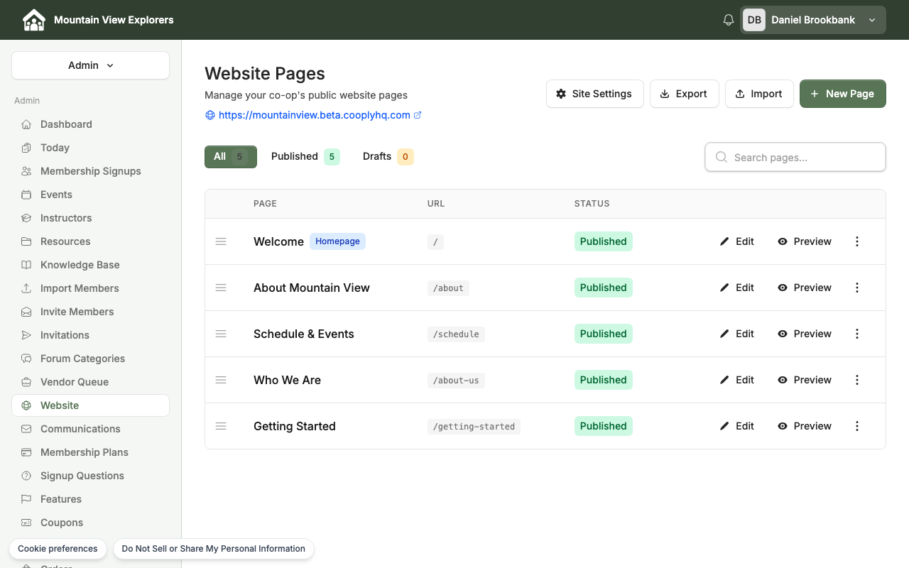 Website Pages view showing the list of published pages a Content Editor can edit