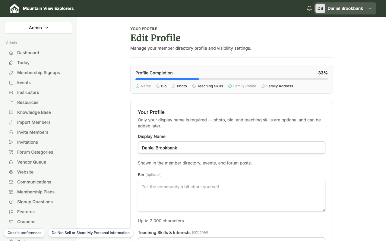 The Edit Profile page showing the Directory Visibility section with Show in Directory toggle and per-field switches
