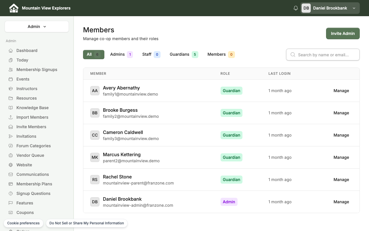 The Members list showing co-op members and their current roles