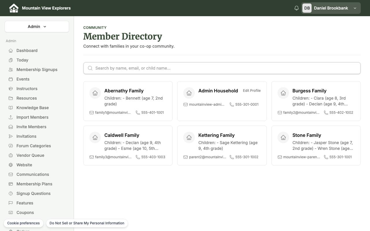 The member directory listing showing family cards with names and the details each family has chosen to share