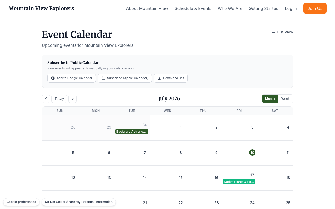 Public Event Calendar — month view, desktop