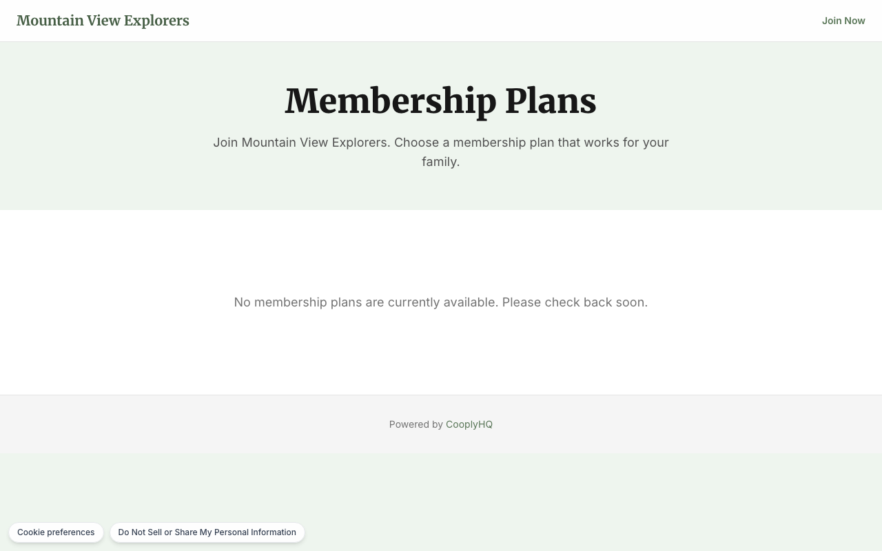 Family-facing Membership Plans page