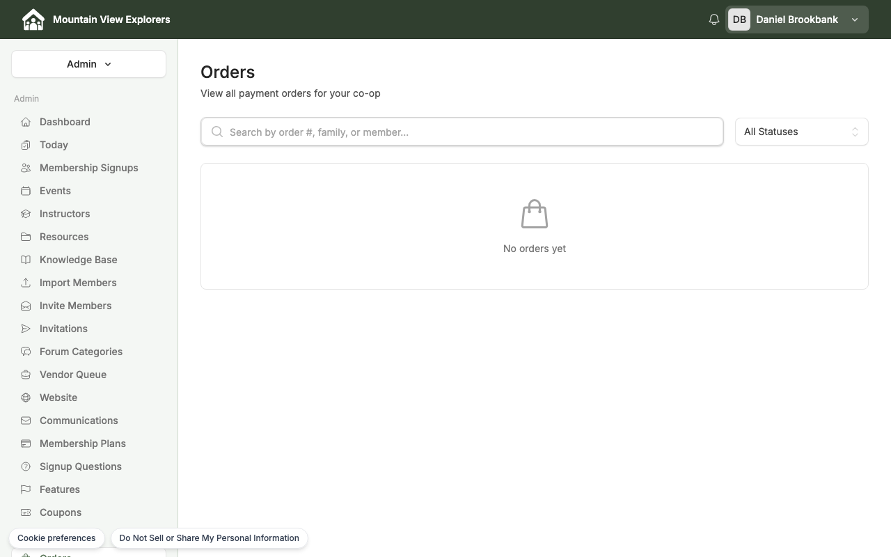 Orders page showing empty state — desktop view