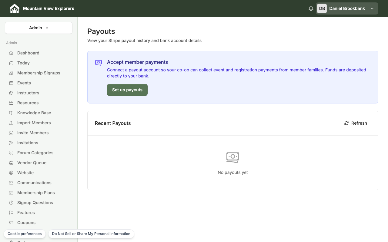Payouts page with the Set up payouts prompt — desktop view