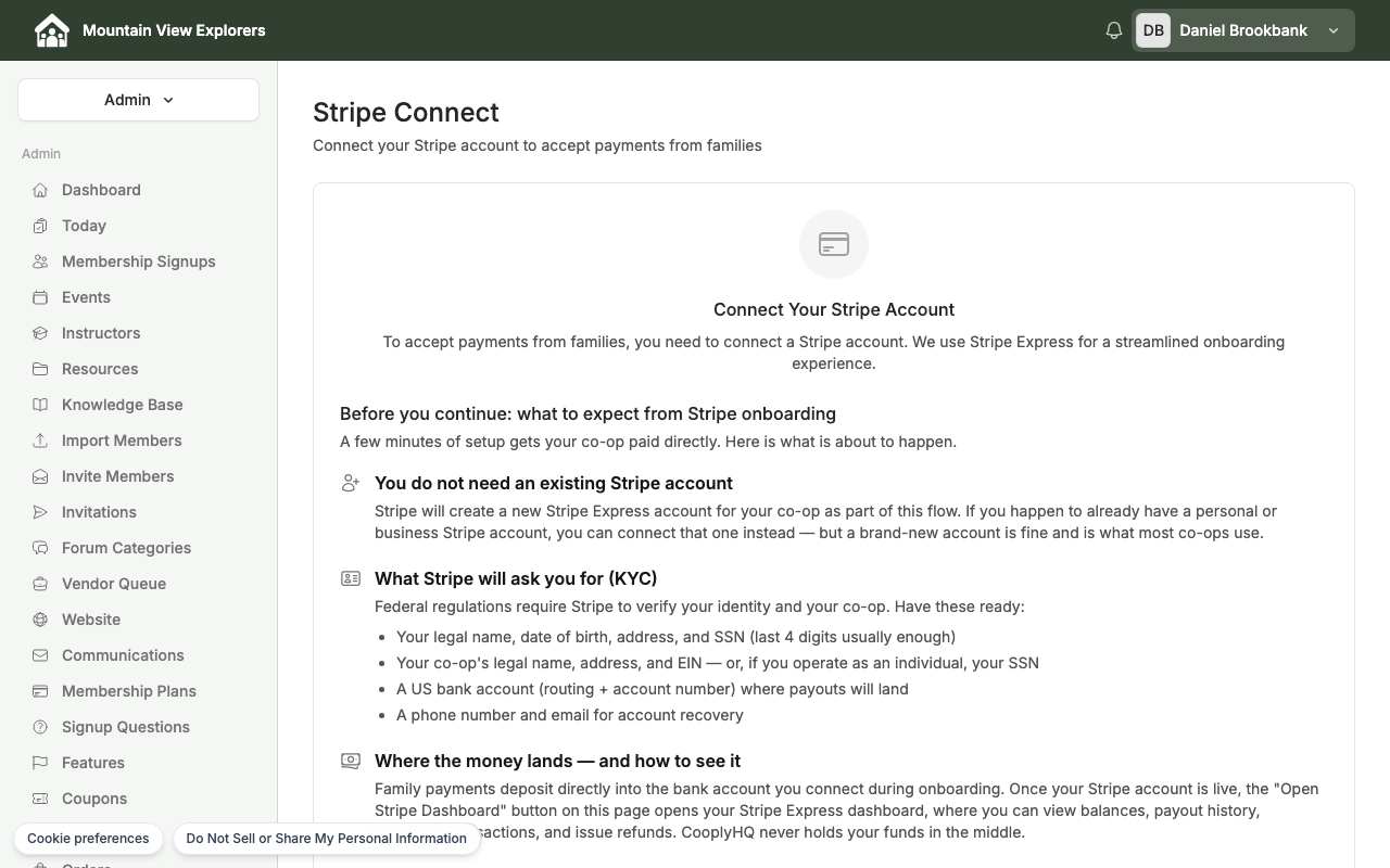 The Stripe Connect page in the CooplyHQ admin panel, showing the onboarding explainer and the Start Stripe Onboarding button
