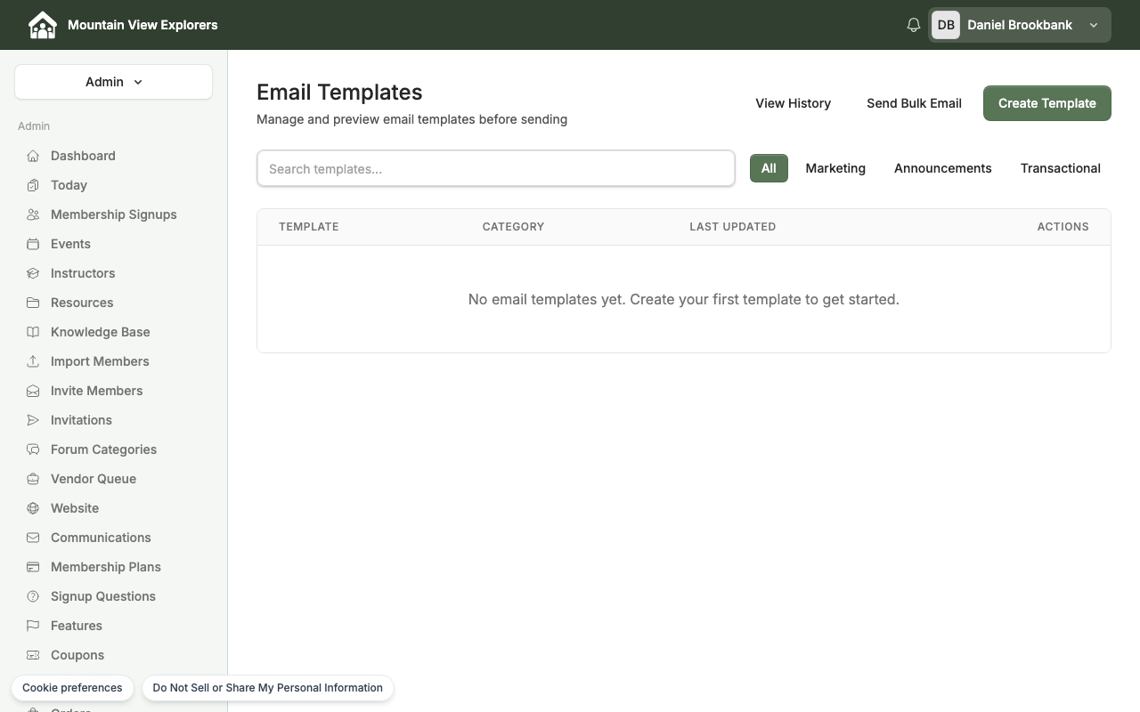 Email Templates page showing the Send Bulk Email button
