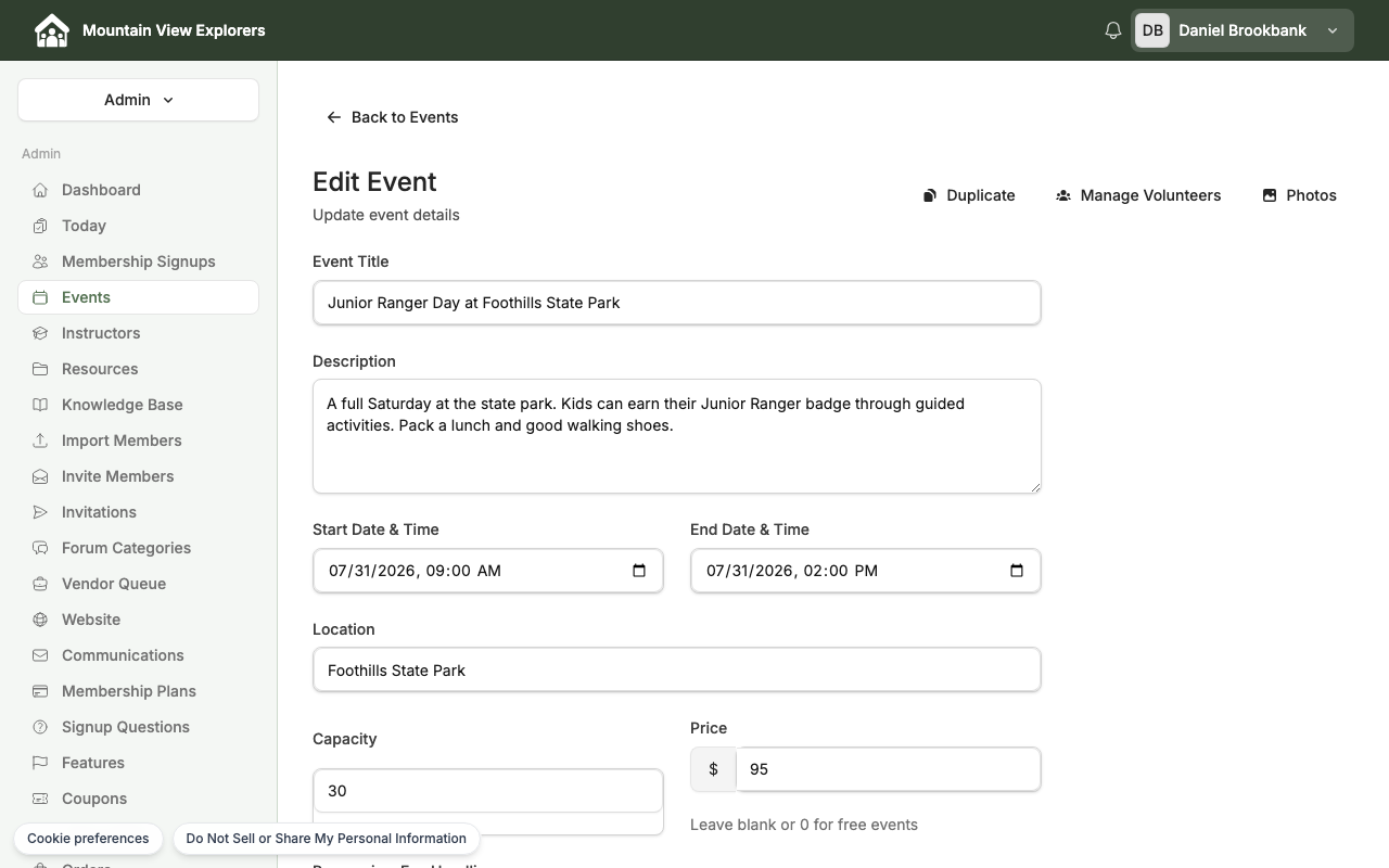 Admin event edit (published) — desktop