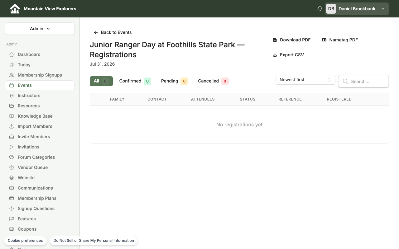 Event registrations list — desktop