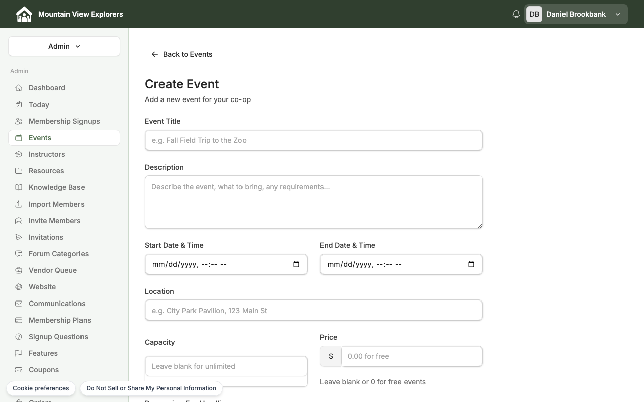 Event creation form