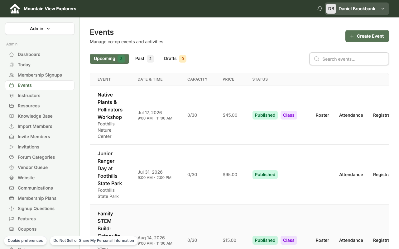 Admin events list — desktop