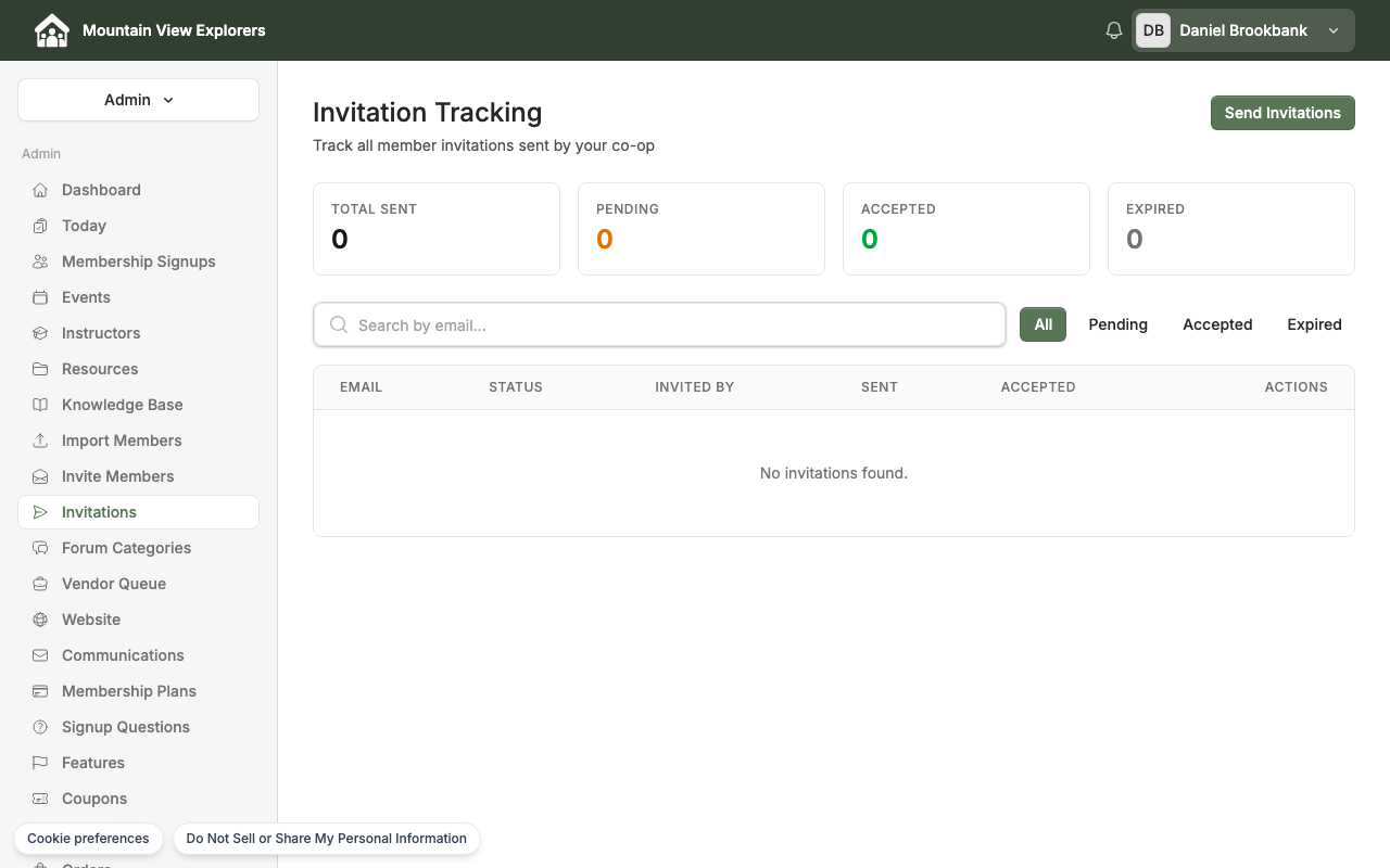 Invitation Tracking page — desktop view