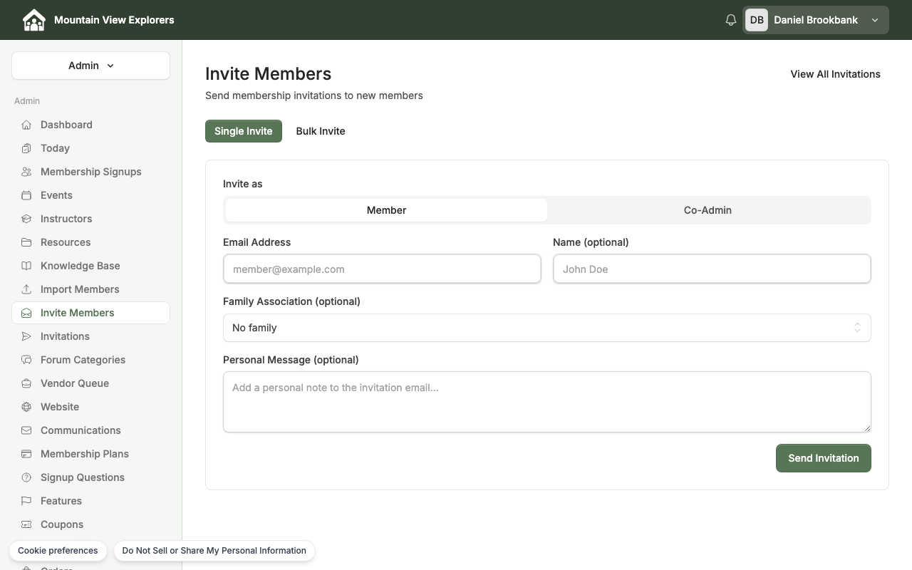 Invite Members form — desktop view
