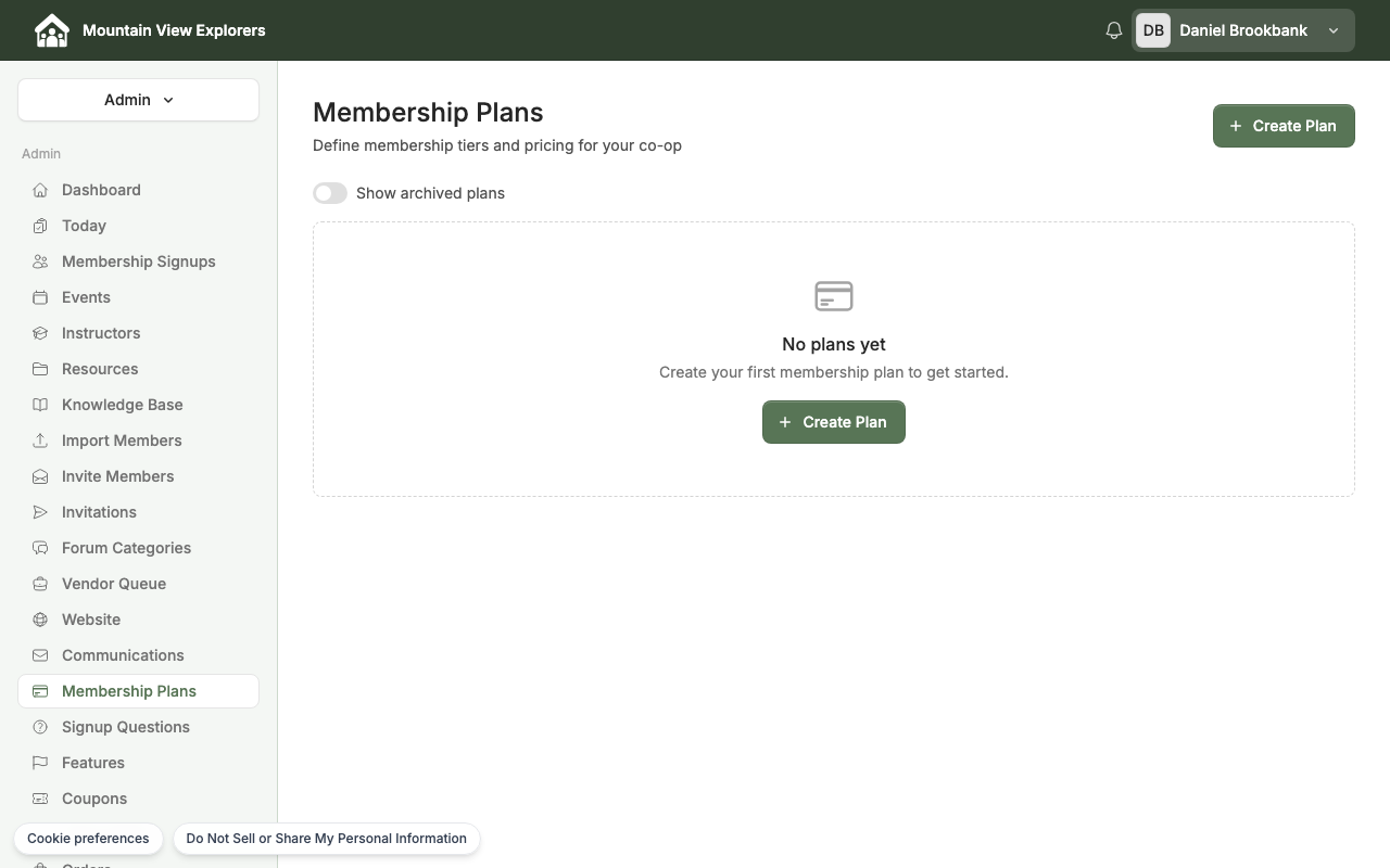 Admin Membership Plans page — empty state