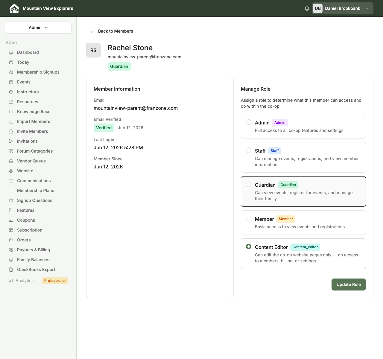 Content Editor radio button selected in the Manage Role panel, ready to click Update Role